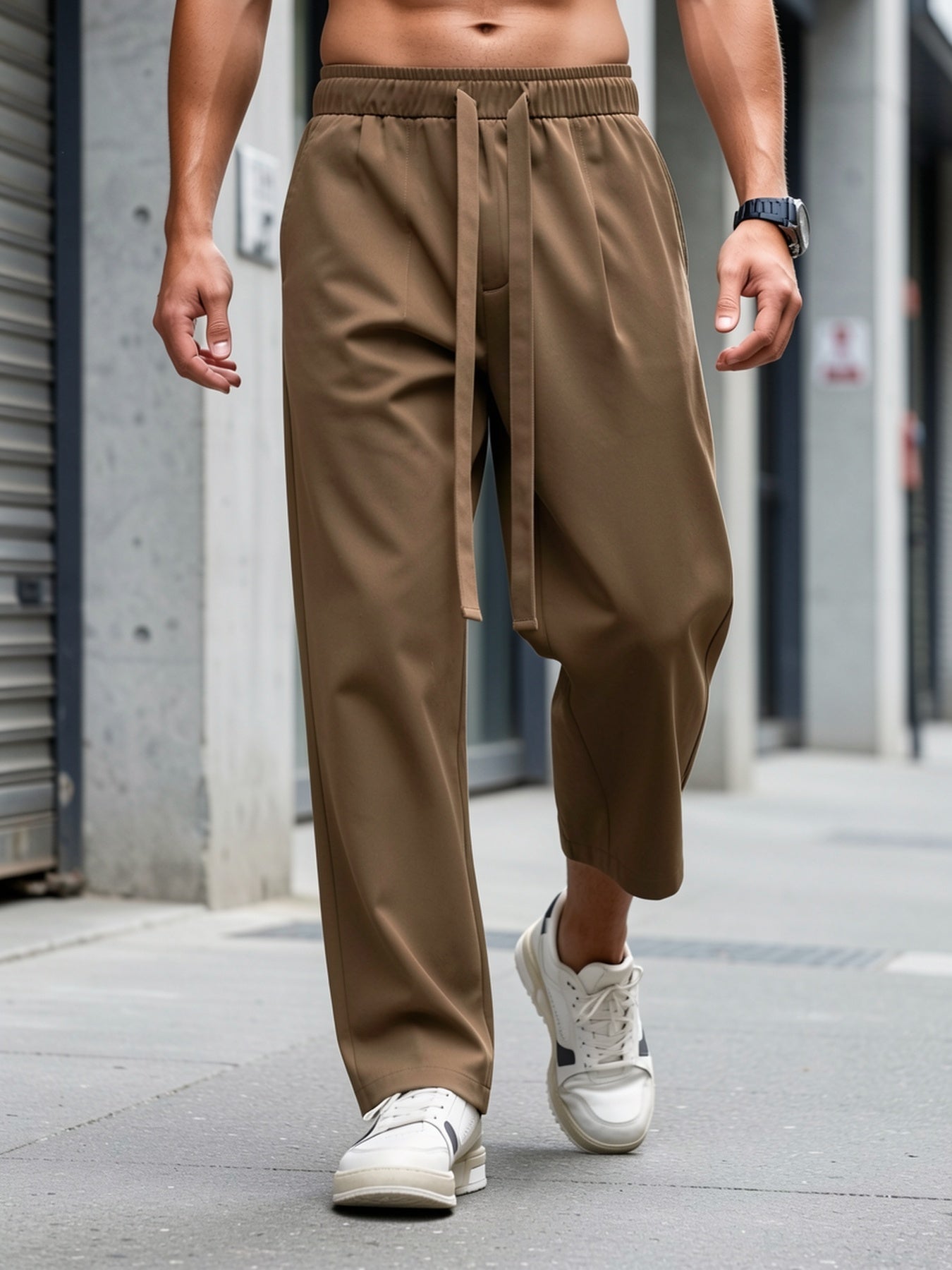 Double-Line Grid Ice Silky Fiber Fabric Wide-Leg Pants for Men, New Summer Style, Trendy Thin Loose Straight-Leg Versatile Casual Draping Trousers