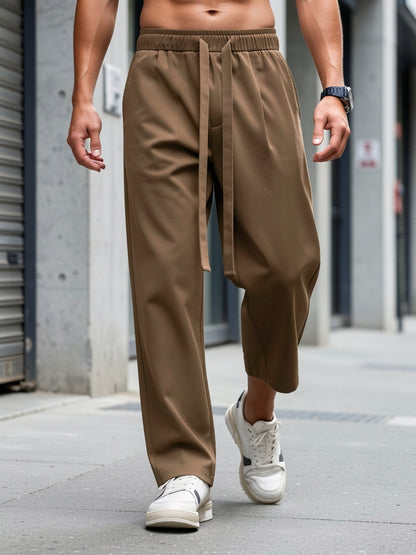 Double-Line Grid Ice Silky Fiber Fabric Wide-Leg Pants for Men, New Summer Style, Trendy Thin Loose Straight-Leg Versatile Casual Draping Trousers