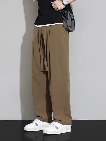 Double-Line Grid Ice Silky Fiber Fabric Wide-Leg Pants for Men, New Summer Style, Trendy Thin Loose Straight-Leg Versatile Casual Draping Trousers