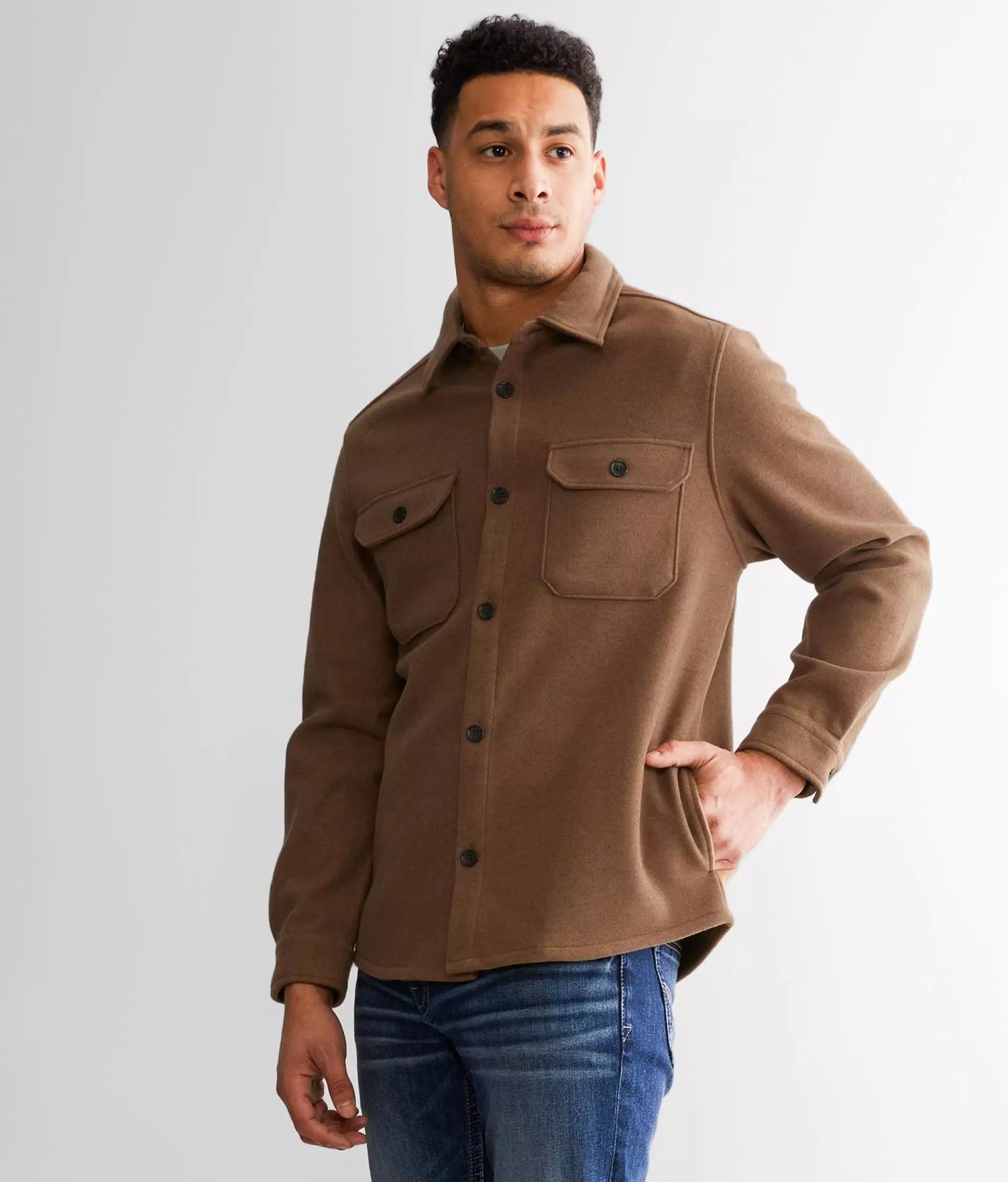 Men's Old Money Velvet Shacket - Brown Premium Cotton Shirt Jacket with Button Closures and Front Pocket