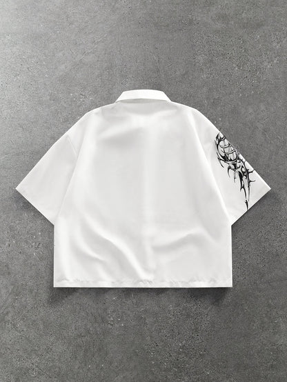 [Men's Print Shirt] Men's White Loose Casual Short Sleeve Button-Up Shirt with Print