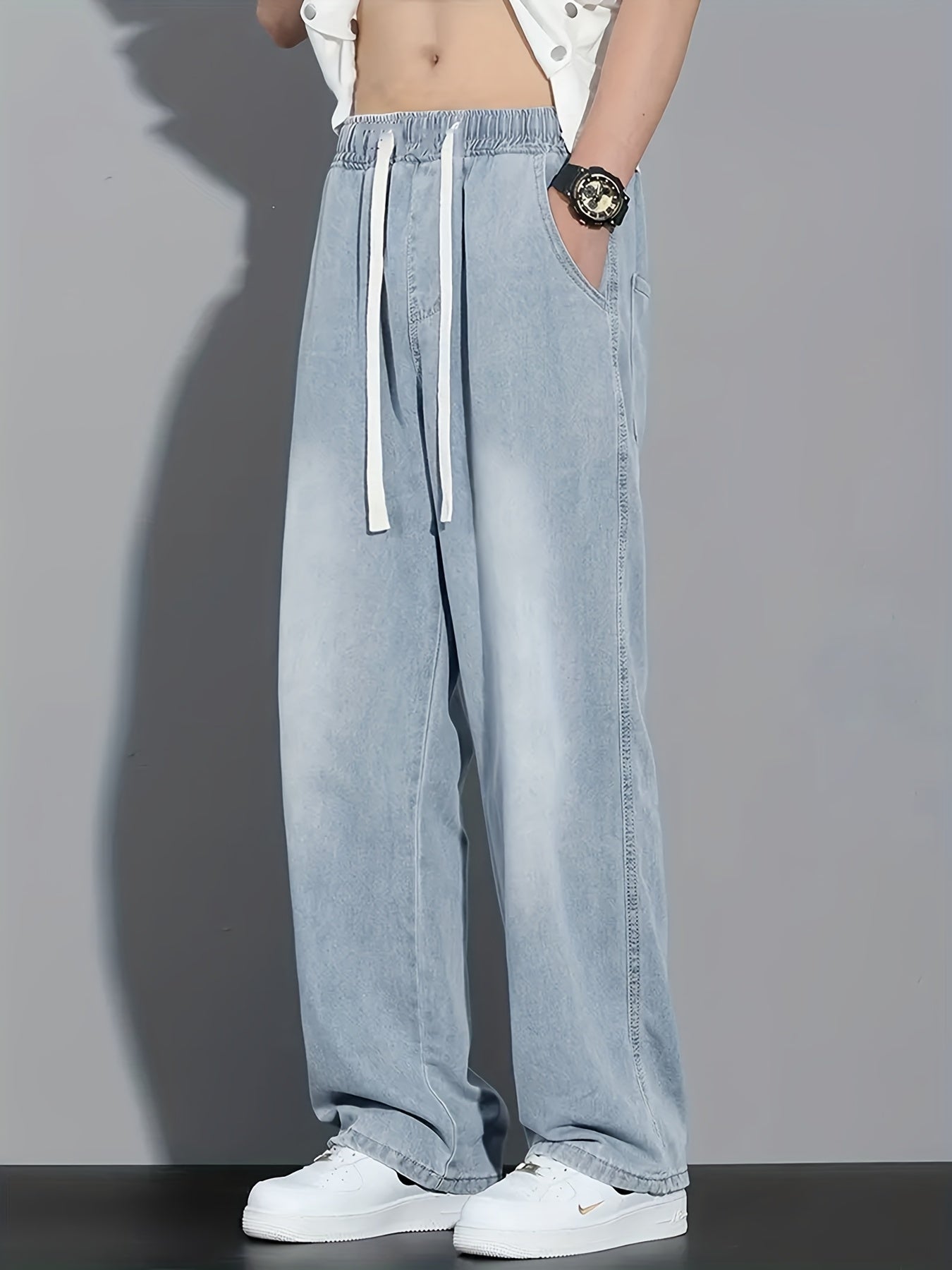 Men's Light Blue Washed Jeans - Non-Stretch Denim Pants with Drawstring Waist, Relaxed Fit for Everyday Streetwear, All-Season Casual Outfits - Teen & Adult Jeans, Comfortable Fashion, Mediumwaist Design