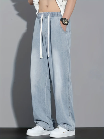 Men's Light Blue Washed Jeans - Non-Stretch Denim Pants with Drawstring Waist, Relaxed Fit for Everyday Streetwear, All-Season Casual Outfits - Teen & Adult Jeans, Comfortable Fashion, Mediumwaist Design
