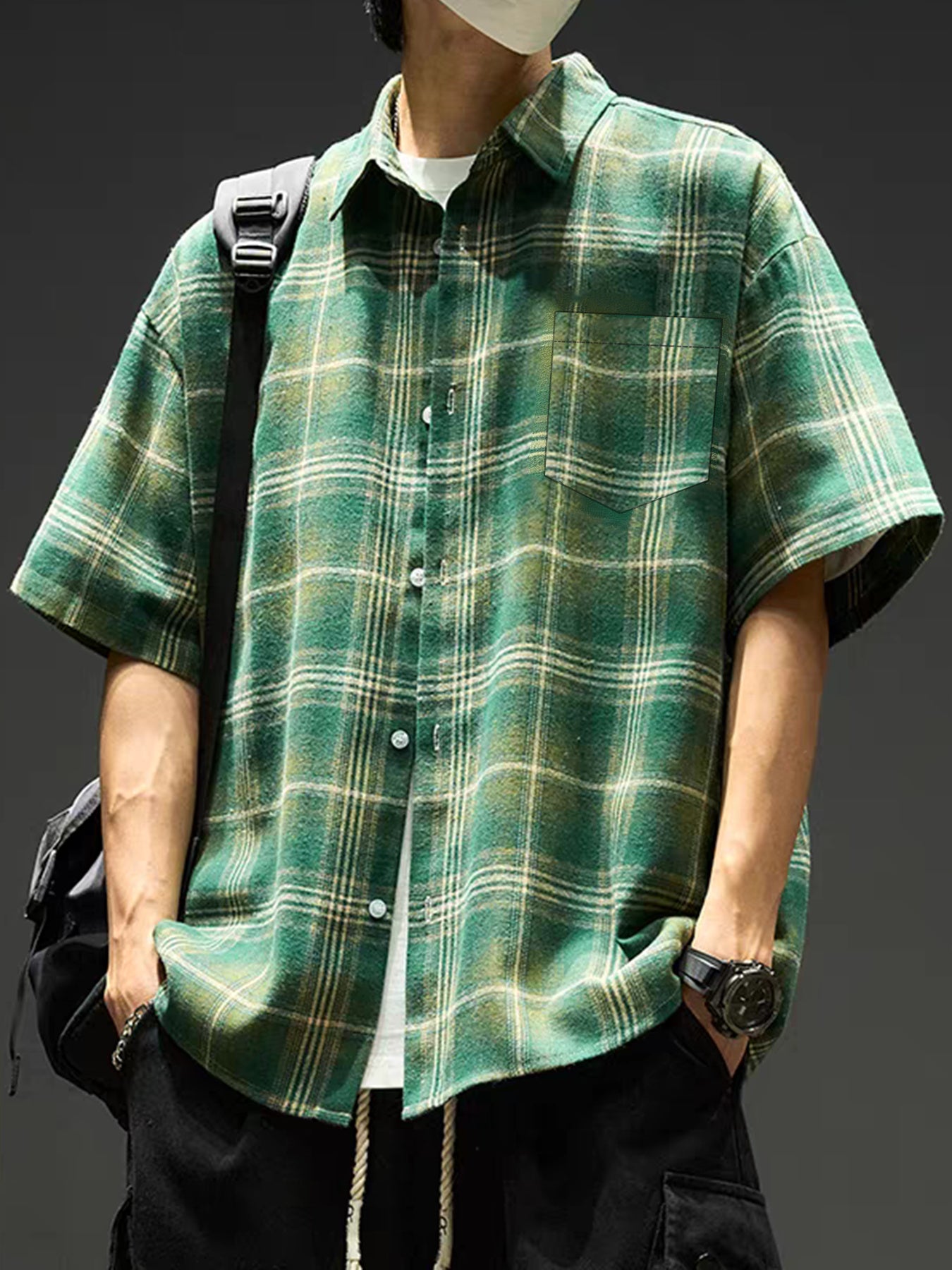 Men's American Vintage Style Green Plaid Short-Sleeve Shirt, Casual Lapel Collar, Trendy Outerwear Plaid Shirt