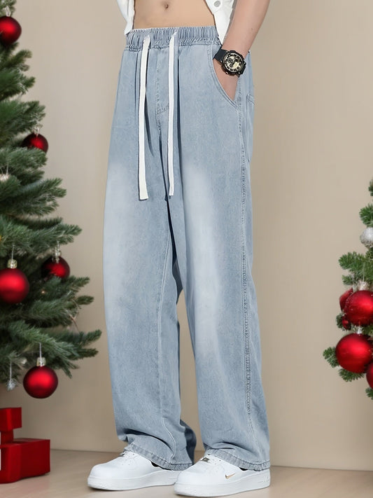 Men's Light Blue Washed Jeans - Non-Stretch Denim Pants with Drawstring Waist, Relaxed Fit for Everyday Streetwear, All-Season Casual Outfits - Teen & Adult Jeans, Comfortable Fashion, Mediumwaist Design