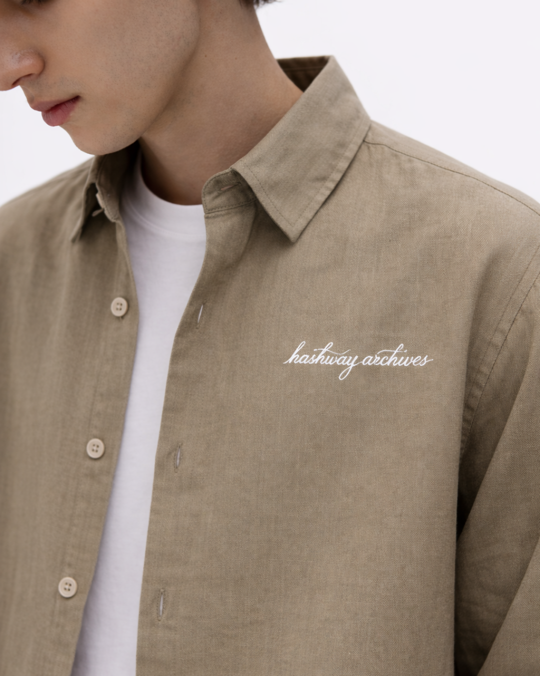 HASHWAY ARCHIVES LINEN EMBROIDERED SHIRT - KHAKI