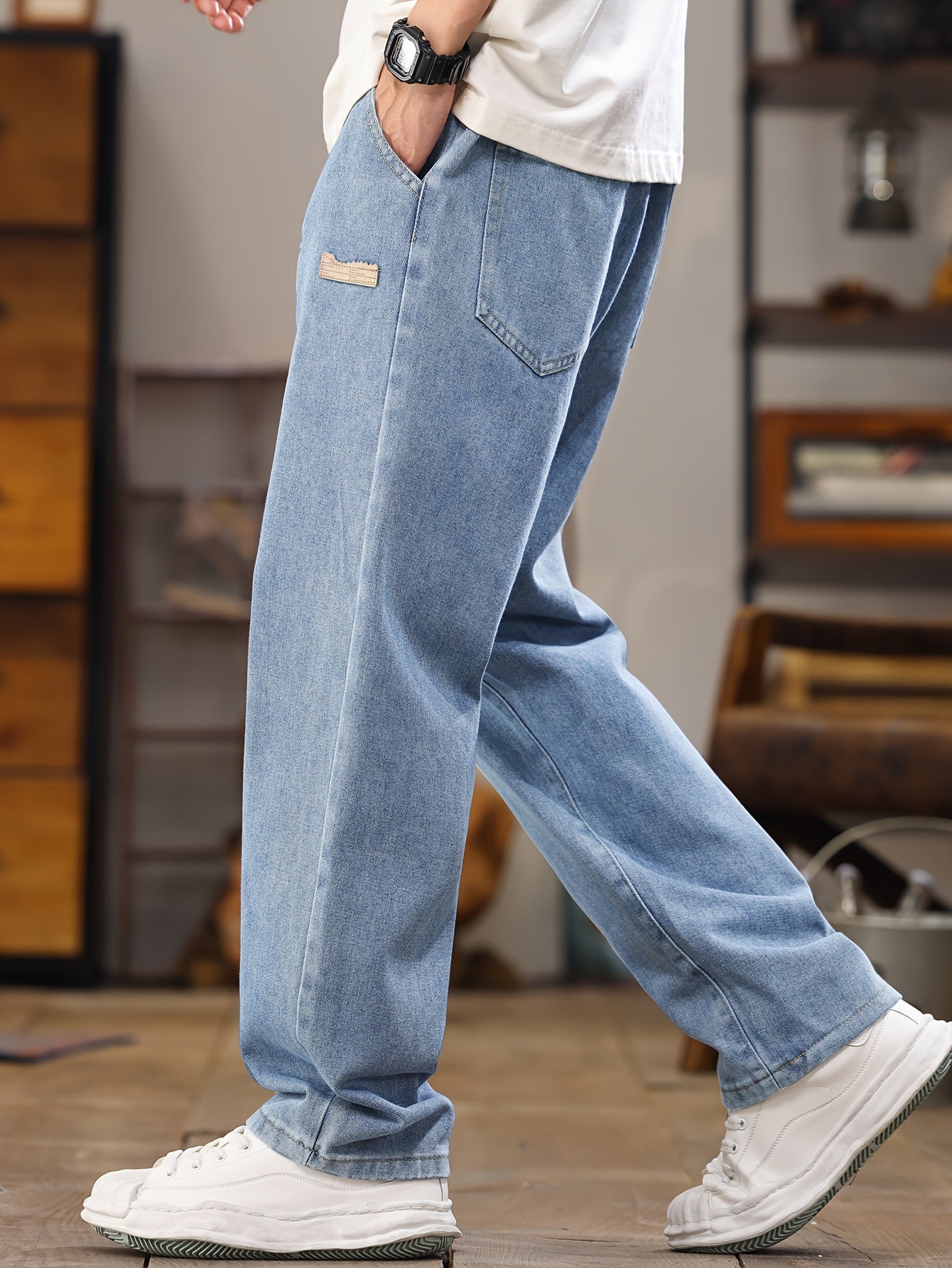 Men's Korean Style Light Blue Jeans 2025 Spring/Autumn New Washed Durable Comfortable Drawstring Straight-Leg Pants, Stylish and Versatile Casual Trousers Suitable for All Seasons by Gengyuan