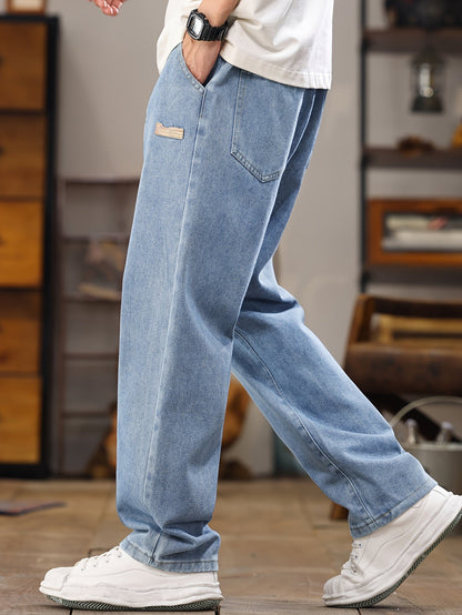 Men'S Korean-Style Light Blue Denim Pants, New for Spring And Autumn 2025, Featuring a Washed, Durable, And Comfortable Design Straight Legs, Stylish And Versatile for All Seasons