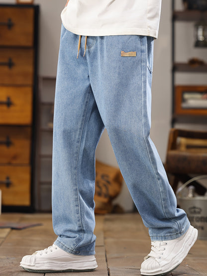 Men's Korean Style Light Blue Jeans 2025 Spring/Autumn New Washed Durable Comfortable Drawstring Straight-Leg Pants, Stylish and Versatile Casual Trousers Suitable for All Seasons by Gengyuan