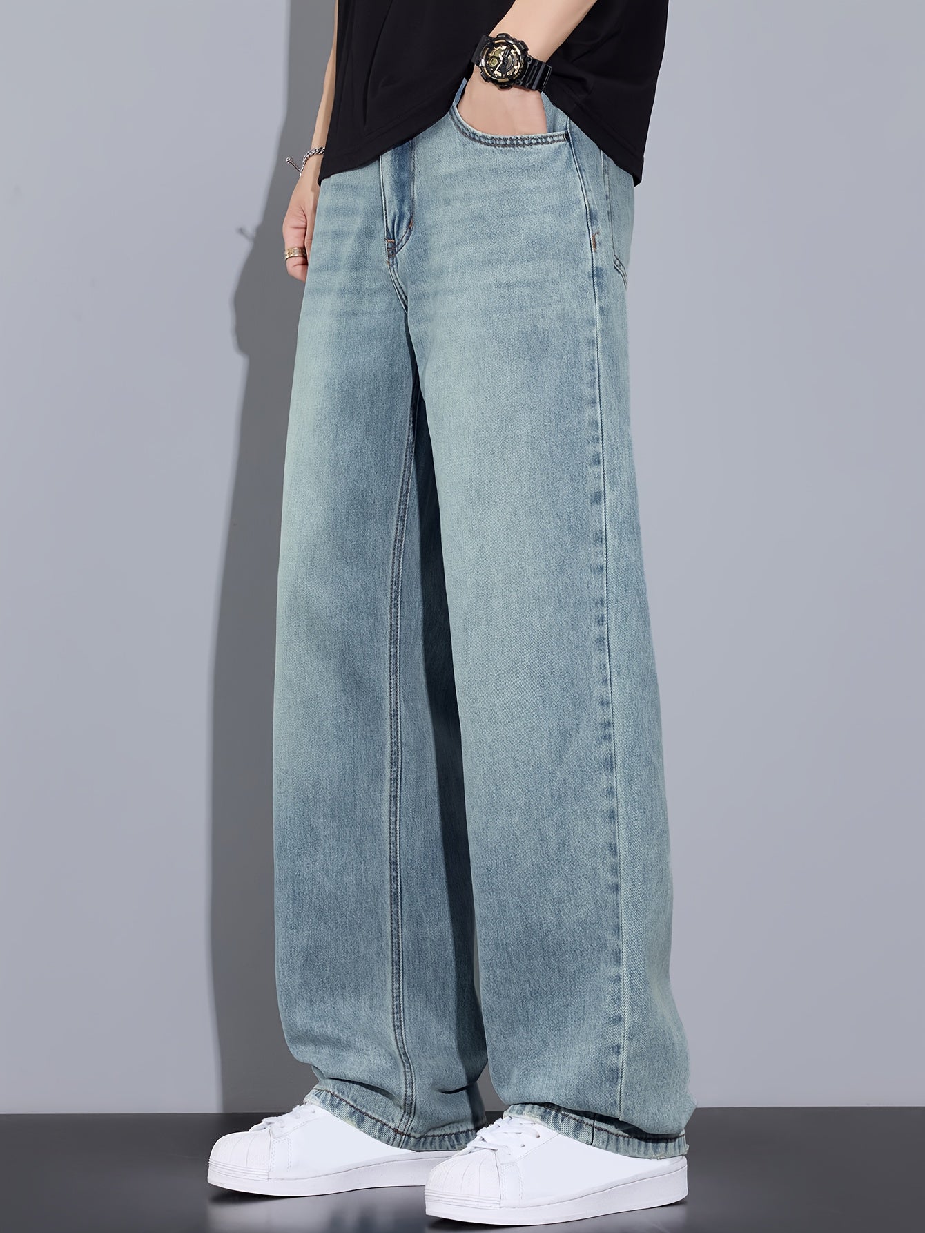 Hong Kong Style Vintage Distressed Youth Literary Light Blue Fashion Easy Men'S Autumn Washed Denim Jeans Casual All-Match Basic Commute Outdoor Leisure Loose Comfortable All-Season Men'S Straight Long Trousers (Kane.Zhang)