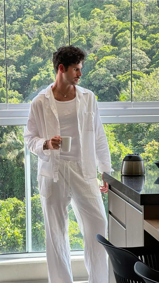 Old Money All White Classic Combo - Poly Linen 2-Piece Duo Set Shirt & Pants