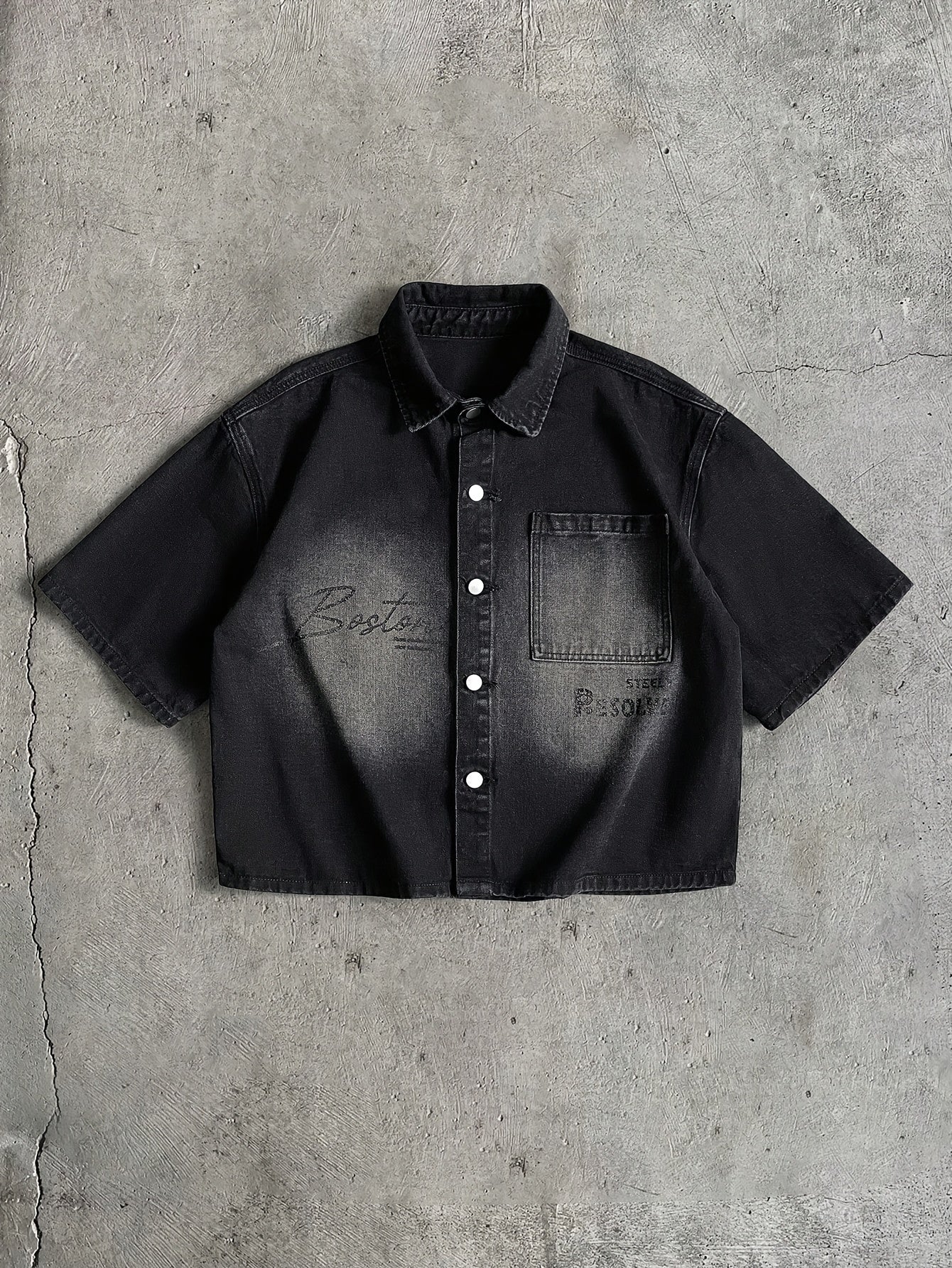 Men's Denim Shirt with Letter Print, Black, Suitable for Dates, Outings, and Festivals, Spring/Summer