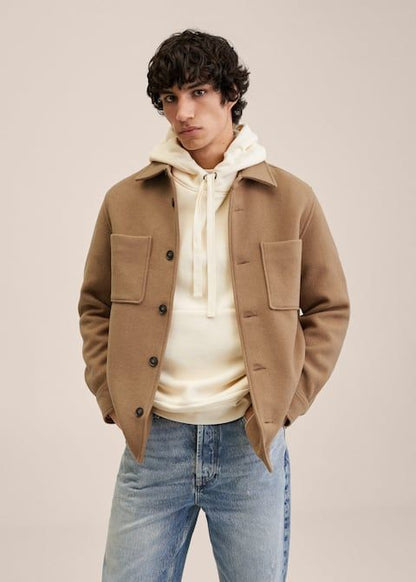 Men's Old Money Velvet Shacket - Brown Premium Cotton Shirt Jacket with Button Closures and Front Pocket