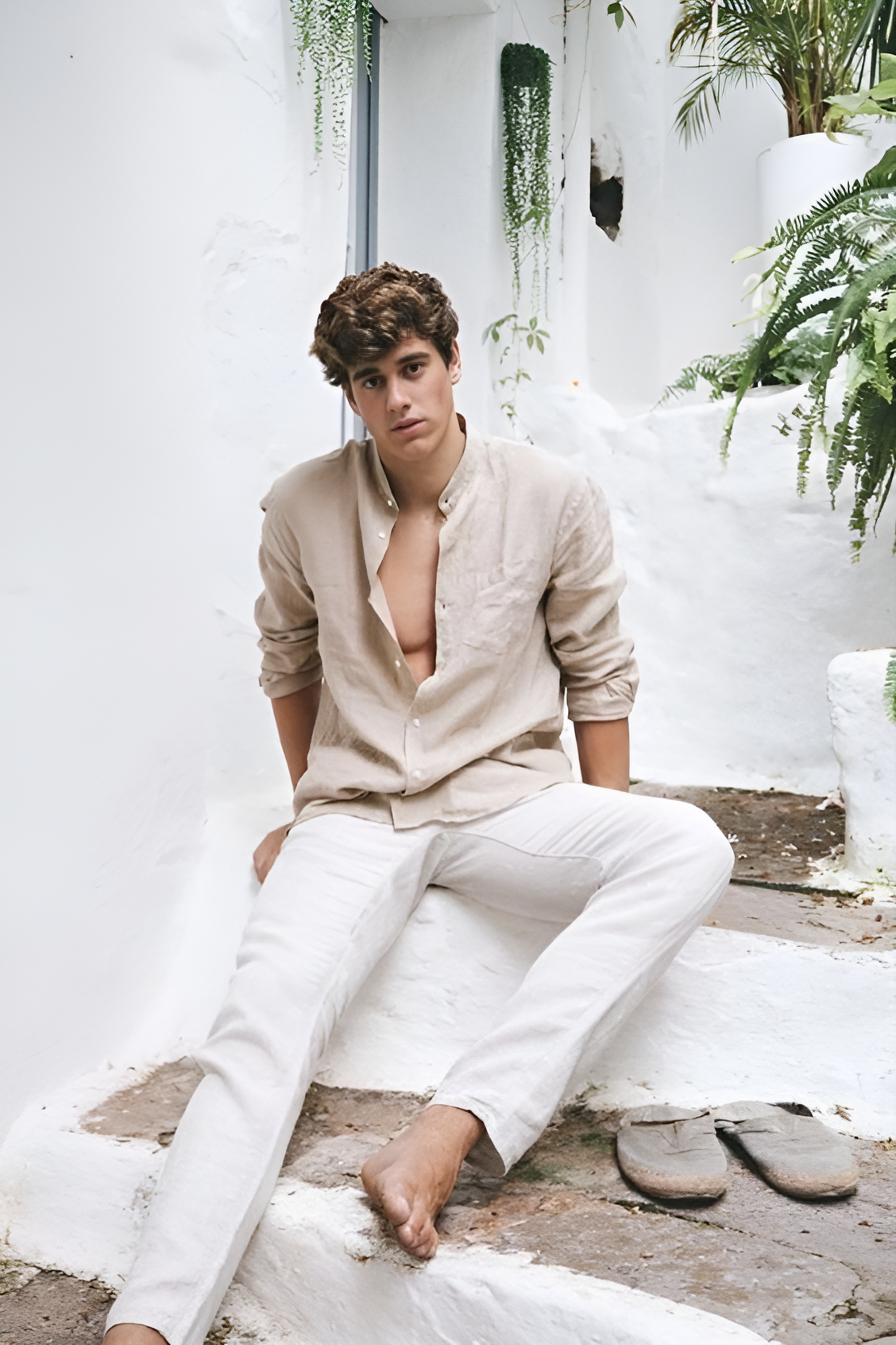 Old Money Linen Combo - Cream & White Poly Linen 2-Piece Classic Duo Set Shirt & Pants