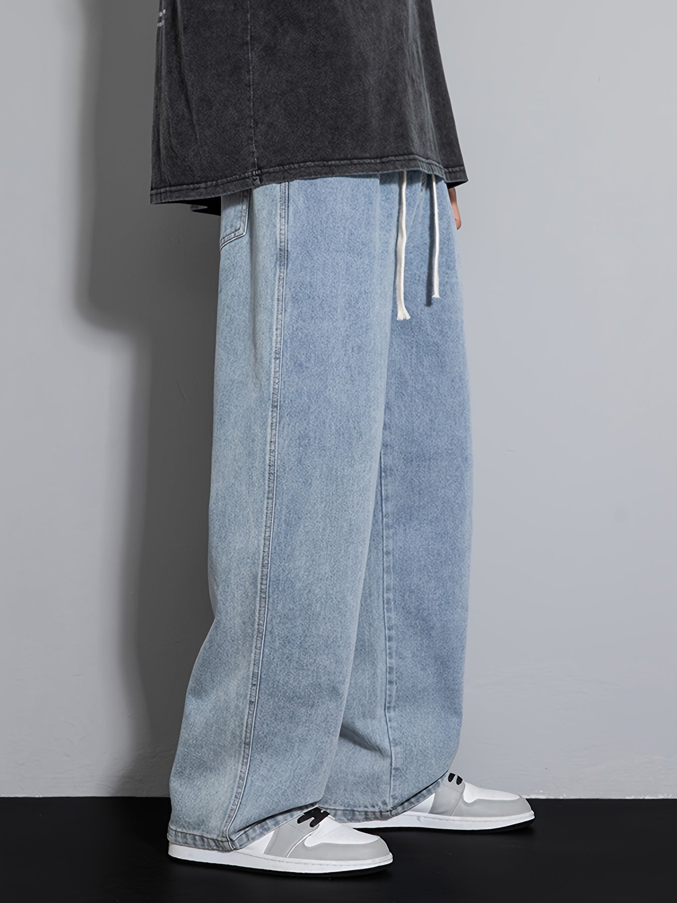 Men's Youth Loose Fit Straight-Leg Wide-Leg Heavy-Duty Washed Elastic Waist Drawstring CQ1110