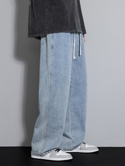 Men's Youth Loose Fit Straight-Leg Wide-Leg Heavy-Duty Washed Elastic Waist Drawstring CQ1110