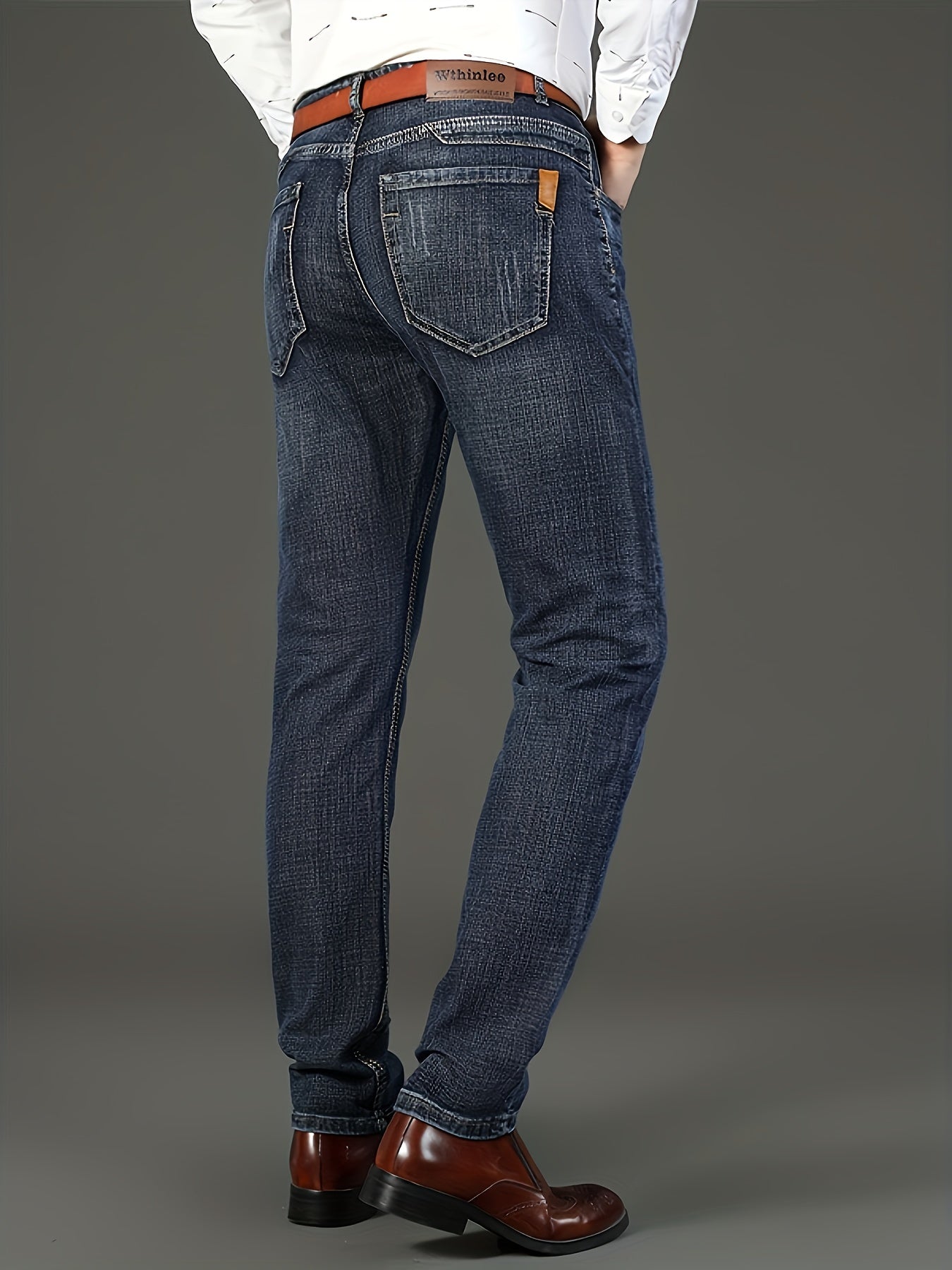 All Seasons New High-End Light Luxury Jeans Men'S Loose Straight Trousers High Waist Mid-Age Men'S Business Thick Versatile Fashion Casual Long Pants Belt-Free
