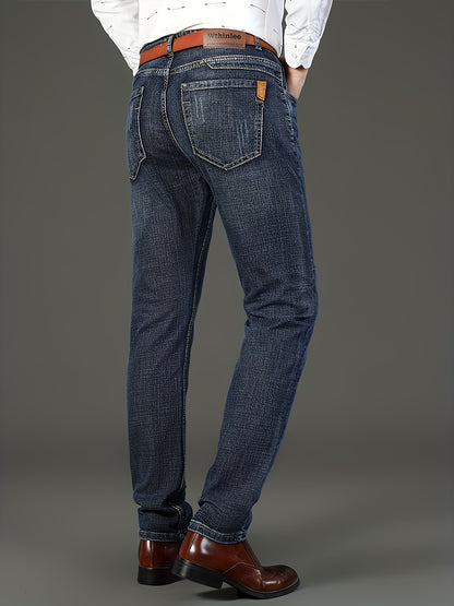 All Seasons New High-End Light Luxury Jeans Men'S Loose Straight Trousers High Waist Mid-Age Men'S Business Thick Versatile Fashion Casual Long Pants Belt-Free