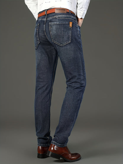 All Seasons New High-End Light Luxury Jeans Men'S Loose Straight Trousers High Waist Mid-Age Men'S Business Thick Versatile Fashion Casual Long Pants Belt-Free