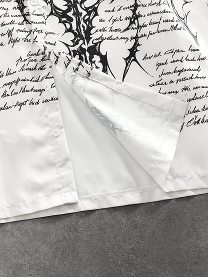[Men's Print Shirt] Men's White Loose Casual Short Sleeve Button-Up Shirt with Print