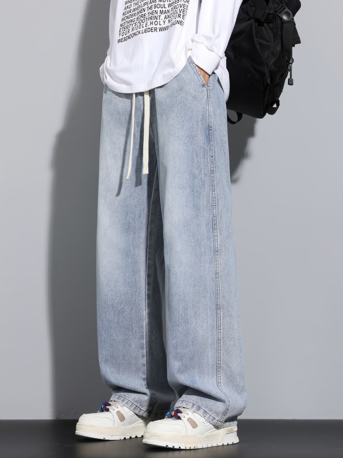 Men's Straight-Leg Relaxed Fit Non-Stretch Elastic Waistband Heavy Wash Salted Cat Whisker Five-Color Choice Jeans YG1133