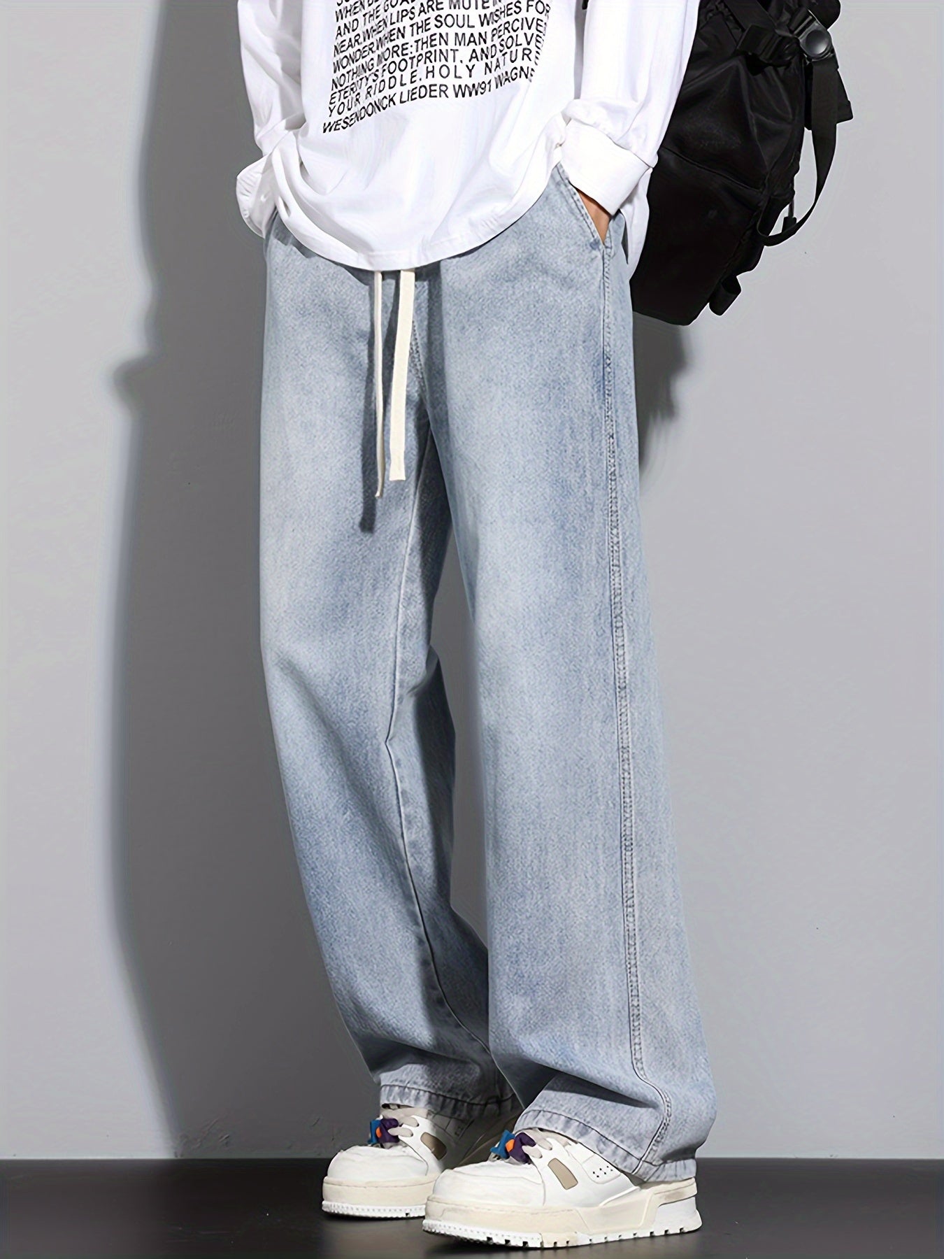 Men's Straight-Leg Relaxed Fit Non-Stretch Elastic Waistband Heavy Wash Salted Cat Whisker Five-Color Choice Jeans YG1133