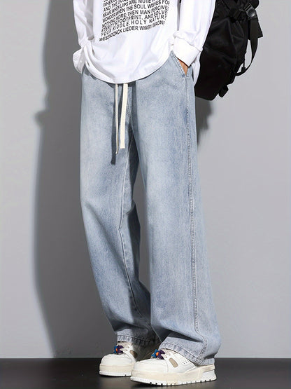 Men's Straight-Leg Relaxed Fit Non-Stretch Elastic Waistband Heavy Wash Salted Cat Whisker Five-Color Choice Jeans YG1133