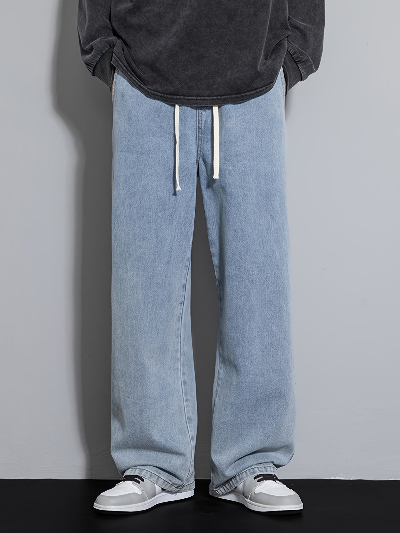 Men's Youth Loose Fit Straight-Leg Wide-Leg Heavy-Duty Washed Elastic Waist Drawstring CQ1110