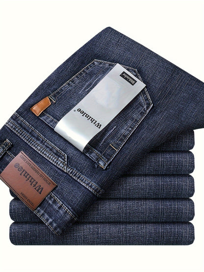 All Seasons New High-End Light Luxury Jeans Men'S Loose Straight Trousers High Waist Mid-Age Men'S Business Thick Versatile Fashion Casual Long Pants Belt-Free