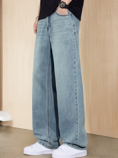 Hong Kong Style Vintage Distressed Youth Literary Light Blue Fashion Easy Men'S Autumn Washed Denim Jeans Casual All-Match Basic Commute Outdoor Leisure Loose Comfortable All-Season Men'S Straight Long Trousers (Kane.Zhang)