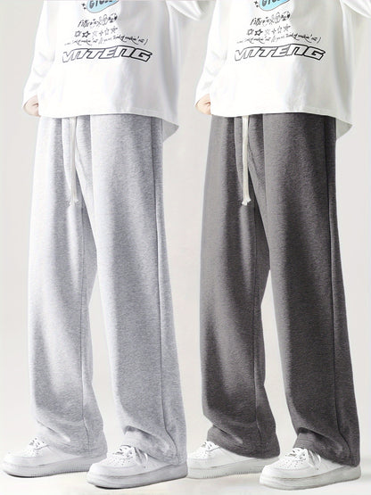 2-Pack Men's Loose-Fit Straight-Leg Casual Pants - Soft Stretch Knit Fabric with Adjustable Drawstring Waist & Side Pockets