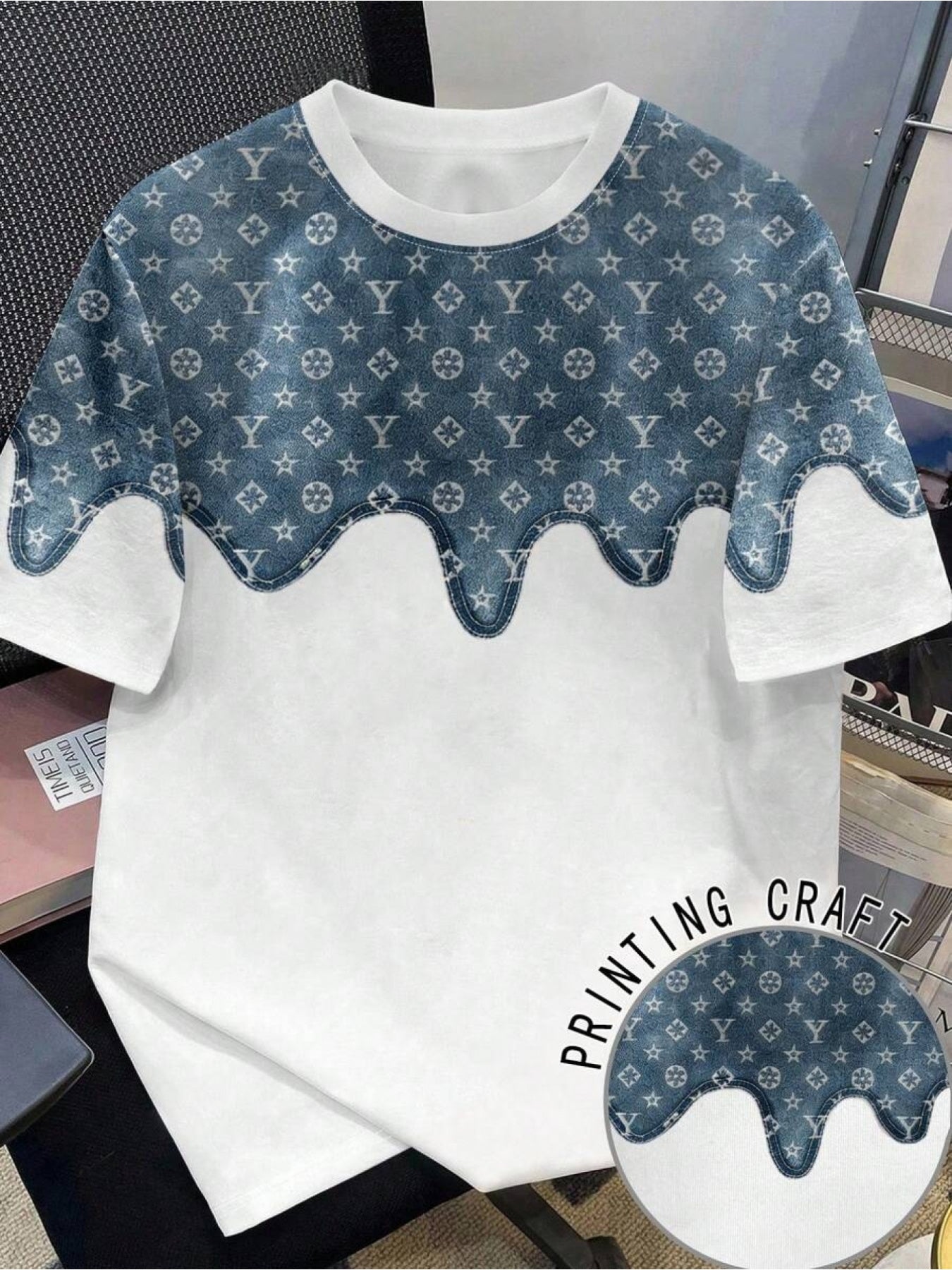 Men's Plus Size Denim Print T-Shirt - Oversized Loose Fit Short Sleeve Round Neck, European High Street Streetwear Style Suitable for Spring/Summer, Casual Denim Shirt for Casual Attire, Machine Washable, PLUS SIZE