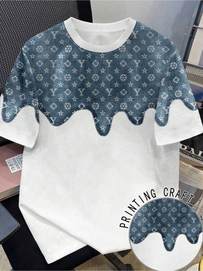 Men's Plus Size Denim Print T-Shirt - Oversized Loose Fit Short Sleeve Round Neck, European High Street Streetwear Style Suitable for Spring/Summer, Casual Denim Shirt for Casual Attire, Machine Washable, PLUS SIZE
