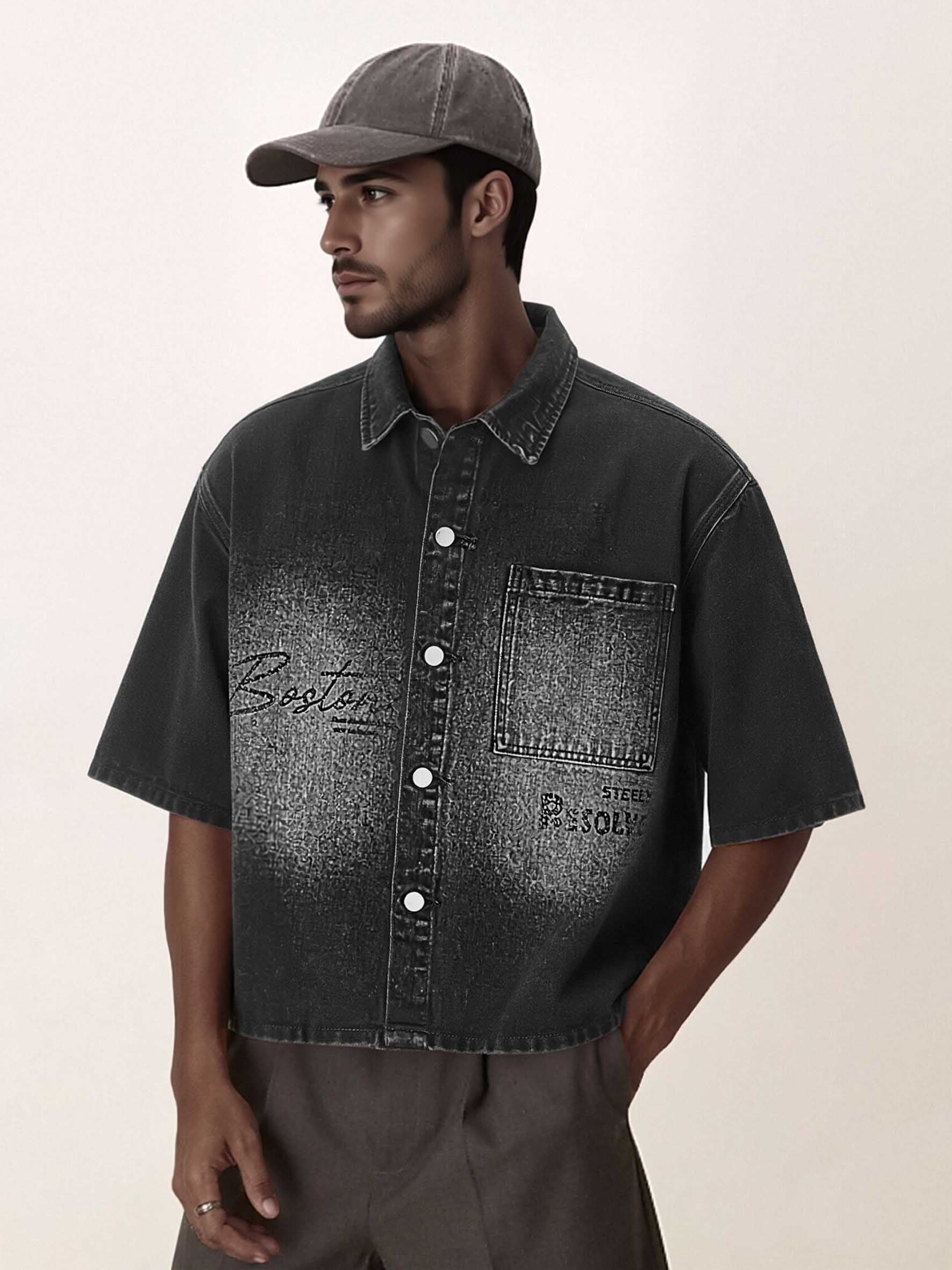 Men's Denim Shirt with Letter Print, Black, Suitable for Dates, Outings, and Festivals, Spring/Summer