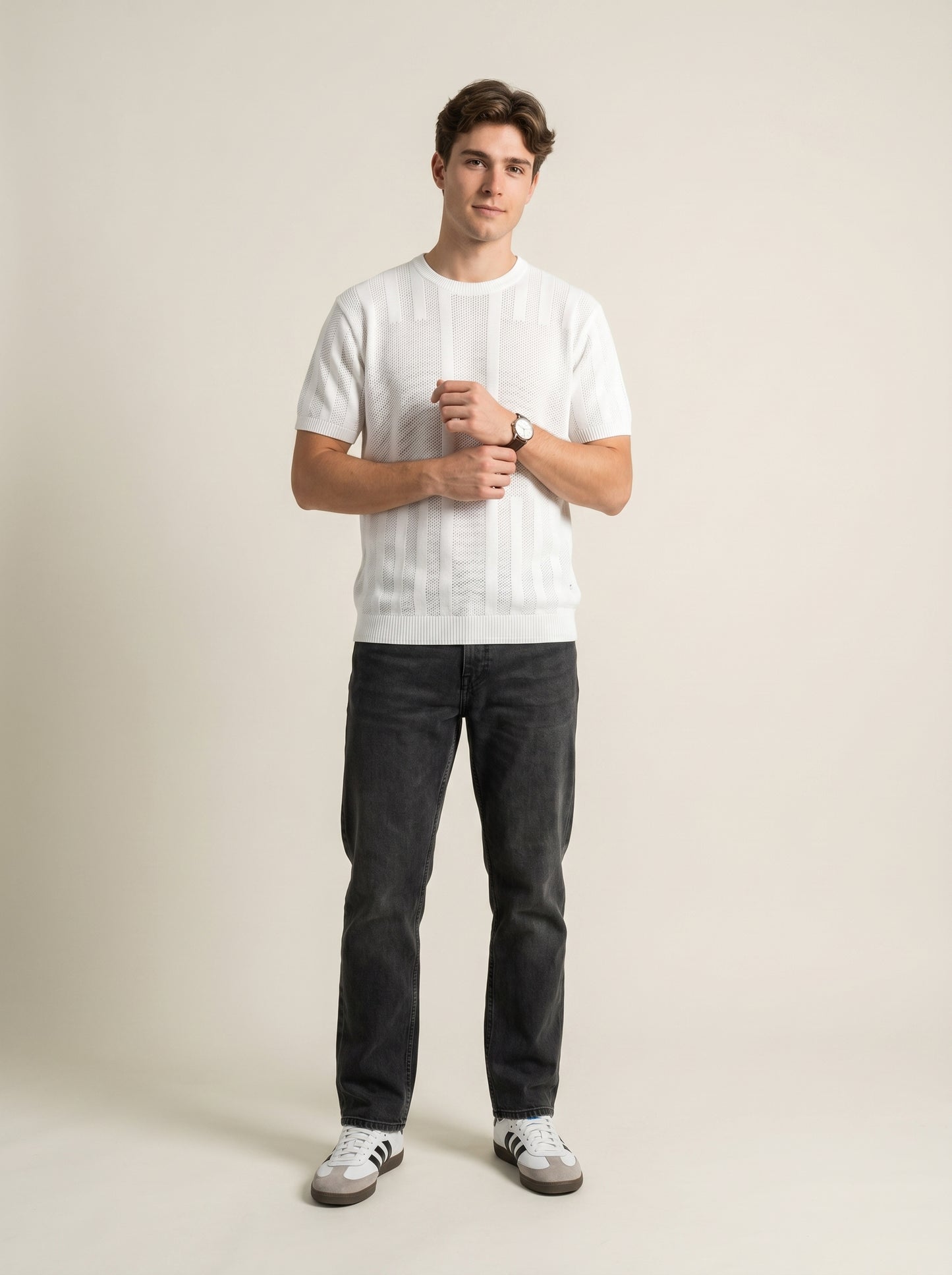 Ivory Textured Stripe Knit T-Shirt