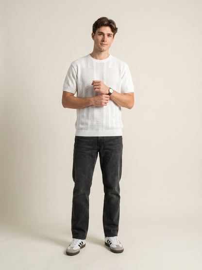 Ivory Textured Stripe Knit T-Shirt