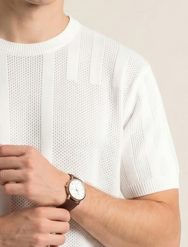 Ivory Textured Stripe Knit T-Shirt