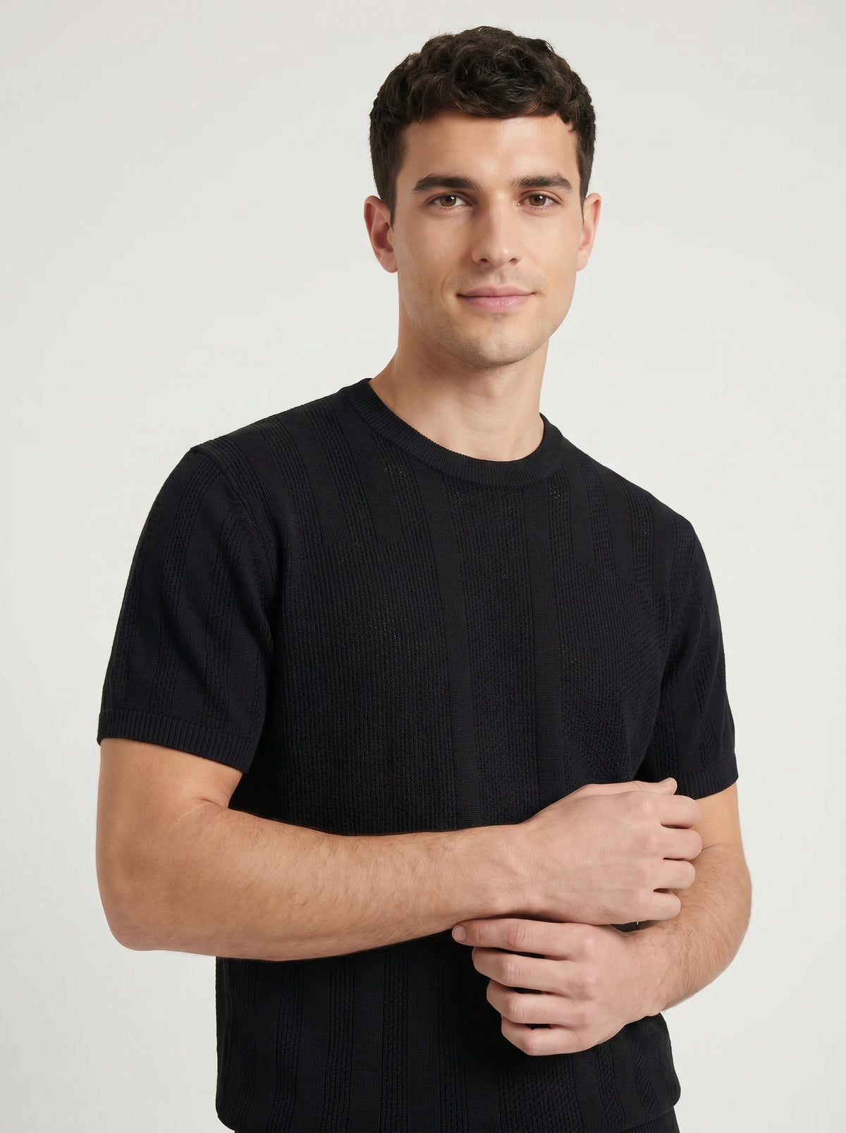 Black Textured Knit T-Shirt