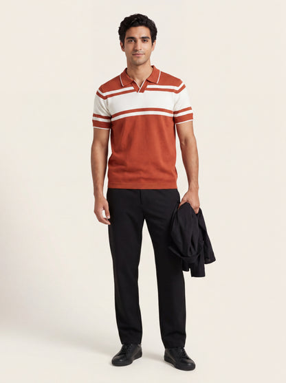 Rust Striped Knit Polo T-Shirt