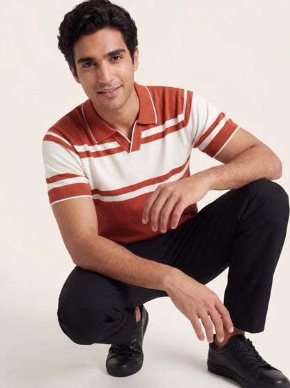 Rust Striped Knit Polo T-Shirt