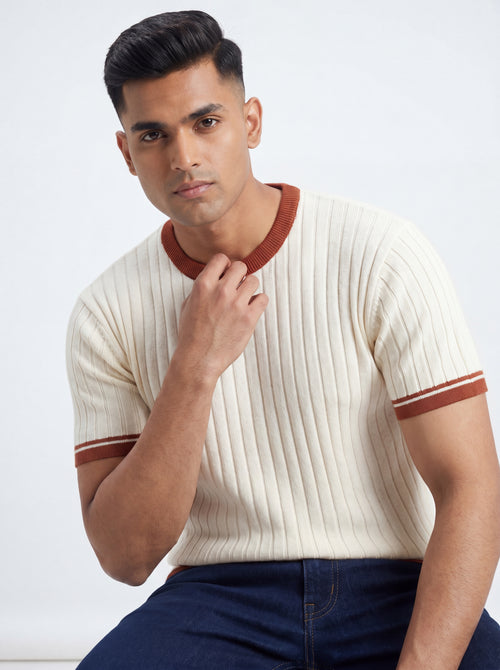 Rib Contrast Neck Tee