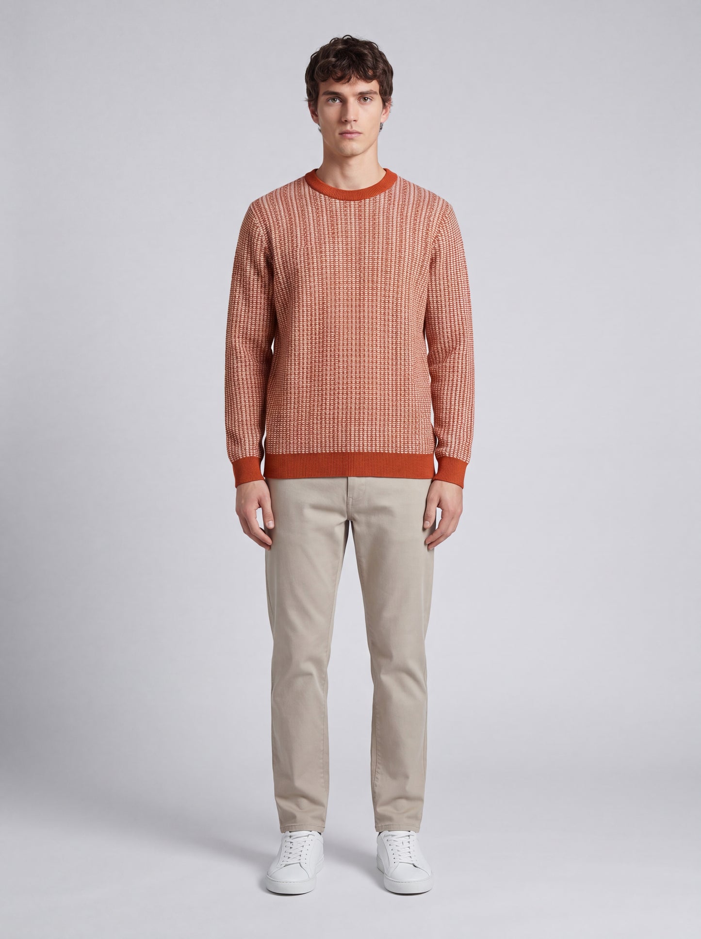 Textured Crew Neck Knit Sweater – Rust