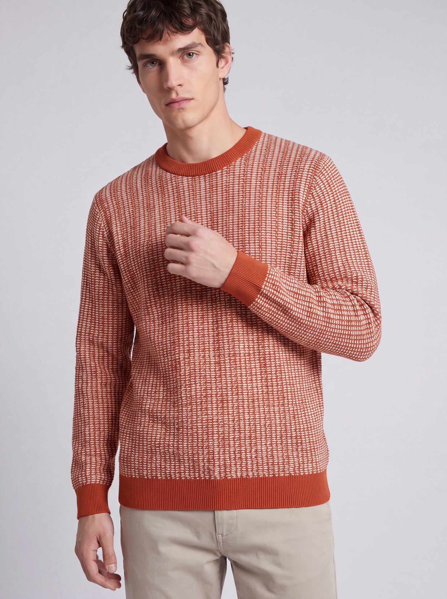 Textured Crew Neck Knit Sweater – Rust