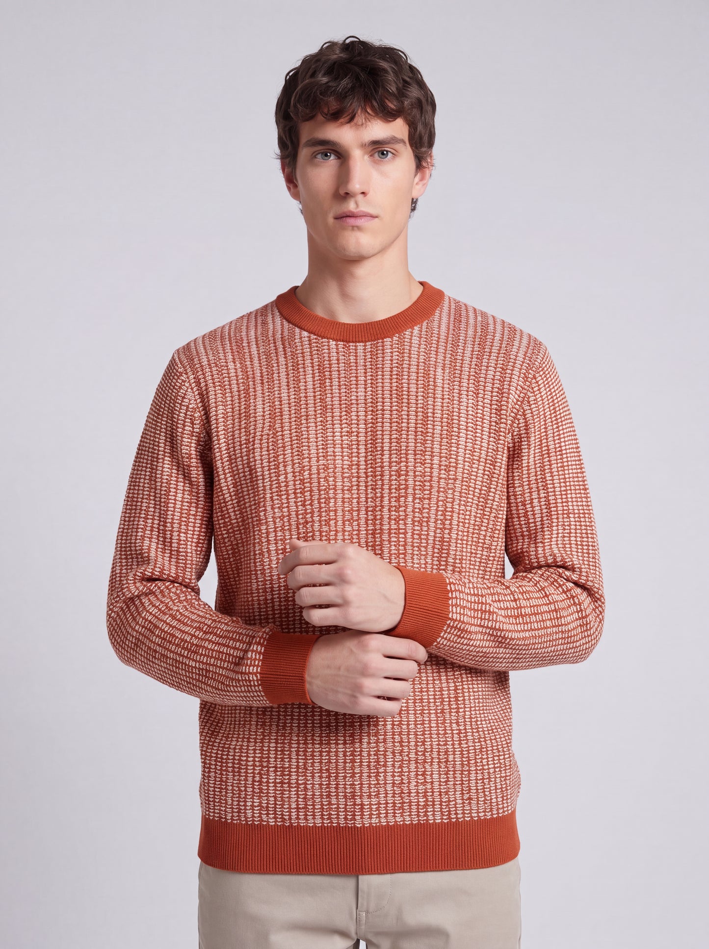 Textured Crew Neck Knit Sweater – Rust