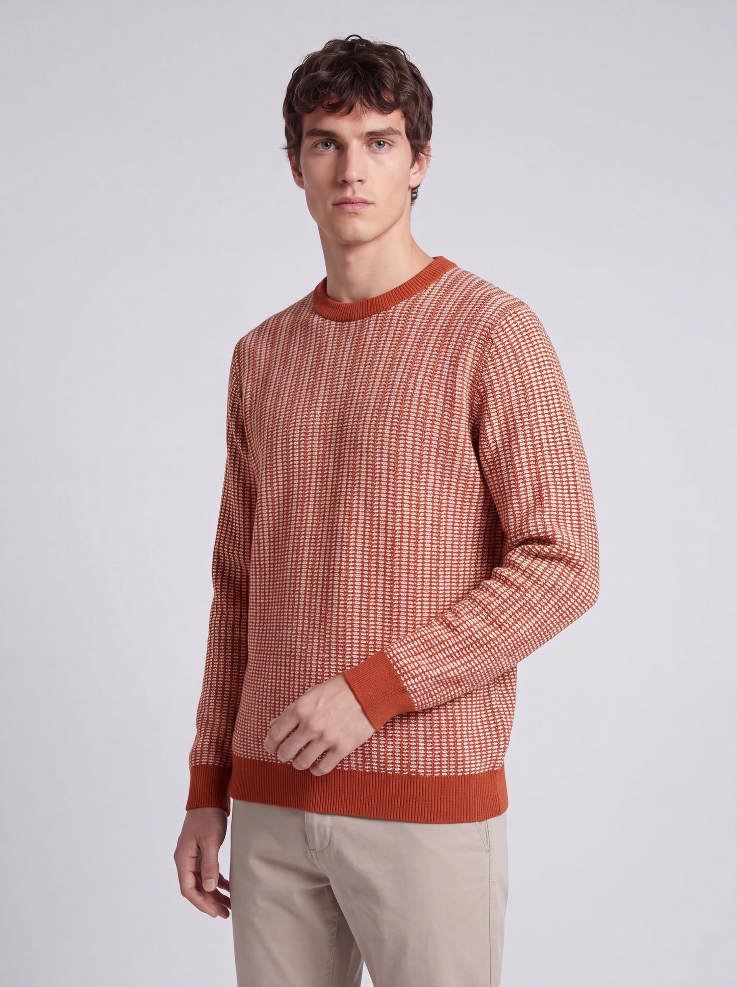 Textured Crew Neck Knit Sweater – Rust